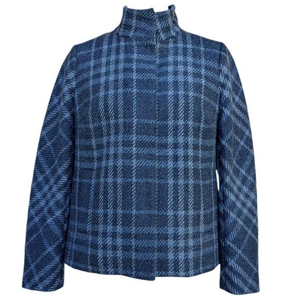 Talbots Blue Gray Plaid Blazer Coat Jacket Wool Pockets Mock Neck Snaps Size 6 - Picture 1 of 9